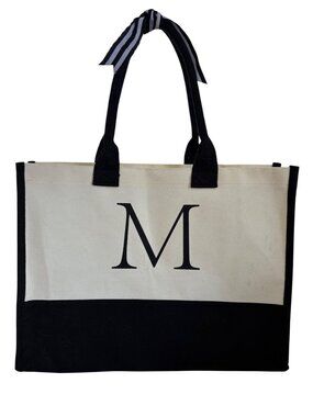 Monogrammed Canvas Tote Bag With Black Trim & Ribbon Handles - Letter M